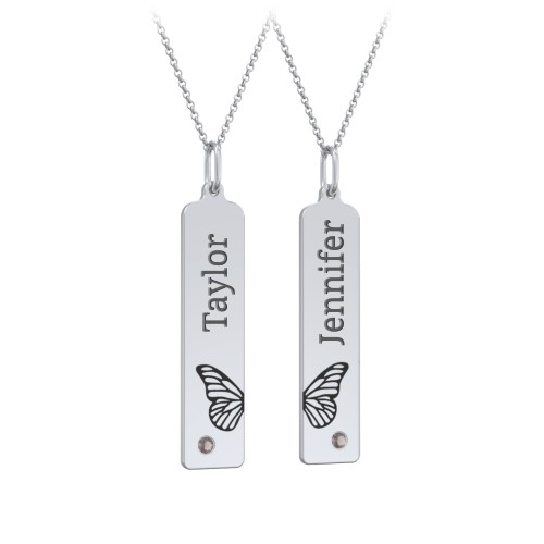 Engravable Butterfly Bar Necklace Set with Birthstones – Sterling Silver with Smokey Quartz