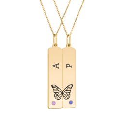 Engravable Butterfly Bar Necklace Set with Birthstones in 9K Solid Yellow Gold