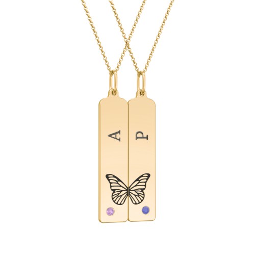 Engravable Butterfly Bar Necklace Set with Birthstones – 9kt Yellow Gold with Amethyst and Blue Sapphire