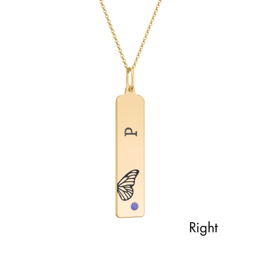 Engravable Butterfly Bar Necklace Set with Birthstones – 9kt Yellow Gold with Amethyst and Blue Sapphire