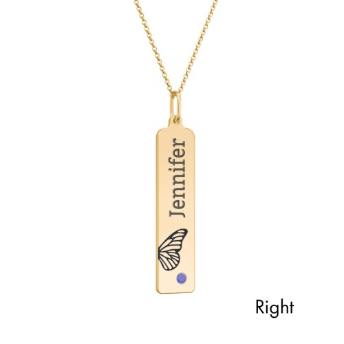 Engravable Butterfly Bar Necklace Set with Birthstones – 9kt Yellow Gold with Amethyst and Blue Sapphire