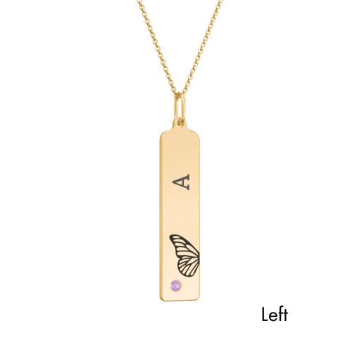 Engravable Butterfly Bar Necklace Set with Birthstones – 9kt Yellow Gold with Amethyst and Blue Sapphire