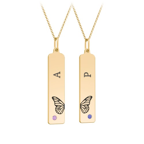 Engravable Butterfly Bar Necklace Set with Birthstones – 9kt Yellow Gold with Amethyst and Blue Sapphire