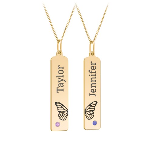 Engravable Butterfly Bar Necklace Set with Birthstones – 9kt Yellow Gold with Amethyst and Blue Sapphire