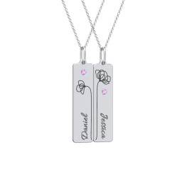 Engravable Floral Bar Necklace Set with Birthstones