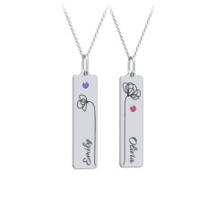 Engravable Floral Bar Necklace Set with Birthstones – Sterling Silver with Blue Sapphire and Ruby