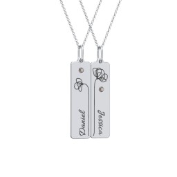 Engravable Floral Bar Necklace Set with Birthstones in 925 Sterling Silver with Smokey Quartz