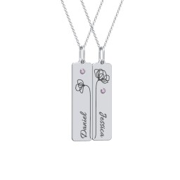 Engravable Floral Bar Necklace Set with Birthstones in 925 Sterling Silver with Alexandrite