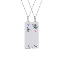 Engravable Floral Bar Necklace Set with Birthstones in 925 Sterling Silver