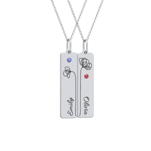 Engravable Floral Bar Necklace Set with Birthstones – Sterling Silver with Blue Sapphire and Garnet