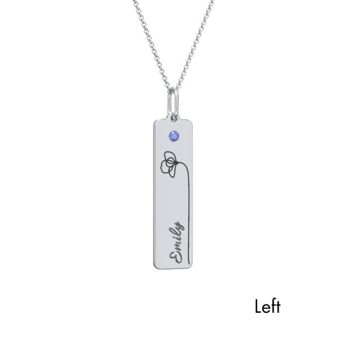 Engravable Floral Bar Necklace Set with Birthstones – Sterling Silver with Blue Sapphire and Garnet