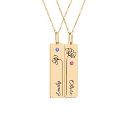 Engravable Floral Bar Necklace Set with Birthstones in 9K Solid Yellow Gold