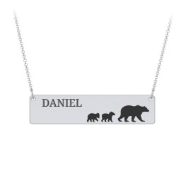 Engravable Mama Bear Bar Necklace with 2 Cubs in 925 Sterling Silver