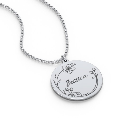 Engravable Floral Disc Necklace – Sterling Silver