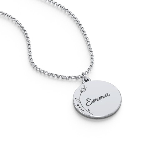 Engravable Floral Small Disc Necklace – Sterling Silver