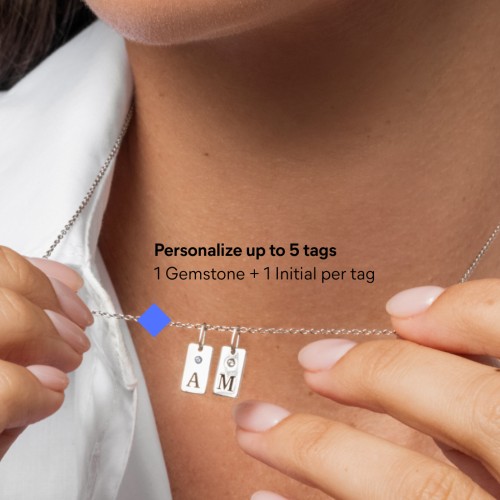 Small Initial Tag Necklace with Birthstone – 18K Gold Plated Silver with Blue Sapphire