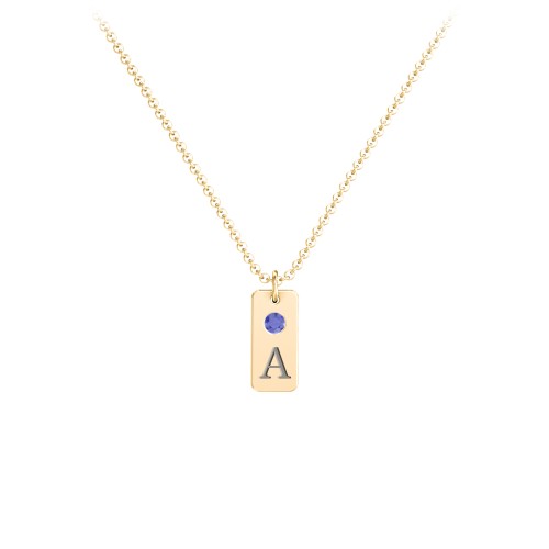 Small Initial Tag Necklace with Birthstone – 18K Gold Plated Silver with Blue Sapphire