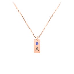 Small Initial Tag Necklace with Birthstone in 9K Solid Rose Gold with Fancy Blue Premium Zirconia, Aquamarine, Cubic Zirconia, Amethyst Premium Zirconia, and Fancy Pink Premium Zirconia