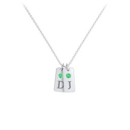 Small Initial 2 Tag Necklace with Birthstone in 925 Sterling Silver with Emerald