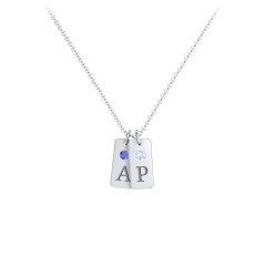 Small Initial 2 Tag Necklace with Birthstone – Sterling Silver with Blue Sapphire and Aquamarine