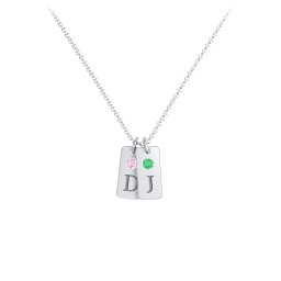 Small Initial 2 Tag Necklace with Birthstone in 925 Sterling Silver with Pink Tourmaline and Emerald