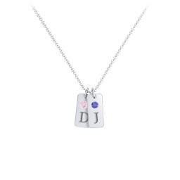 Small Initial 2 Tag Necklace with Birthstone in 925 Sterling Silver with Pink Tourmaline and Blue Sapphire