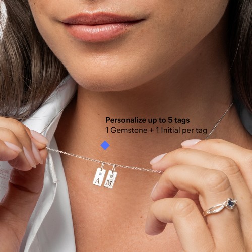 Small Initial 2 Tag Necklace with Birthstone – Sterling Silver with Blue Sapphire and Aquamarine