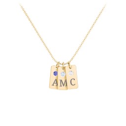 Small Initial 3 Tag Necklace with Birthstone in 18K Gold Plated Silver with Fancy Blue Premium Zirconia, Aquamarine, Cubic Zirconia, Amethyst Premium Zirconia, and Fancy Pink Premium Zirconia