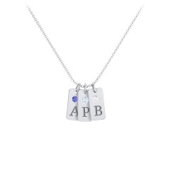 Small Initial 3 Tag Necklace with Birthstone – Sterling Silver with Blue Sapphire, Aquamarine, and Cubic Zirconia