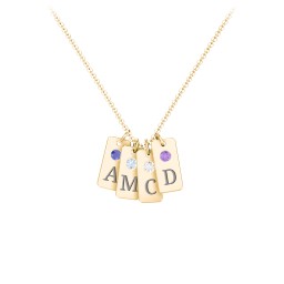 Small Initial 4 Tag Necklace with Birthstone in 18K Gold Plated Silver with Fancy Blue Premium Zirconia, Aquamarine, Cubic Zirconia, Amethyst Premium Zirconia, and Fancy Pink Premium Zirconia