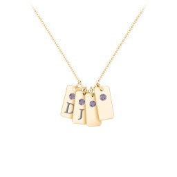 Small Initial 4 Tag Necklace with Birthstone in 18K Gold Plated Silver with Alexandrite and Fancy Pink Premium Zirconia