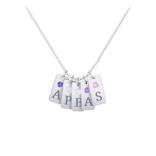 Small Initial 5 Tag Necklace with Birthstone – Sterling Silver with Blue Sapphire, Aquamarine, Cubic Zirconia, Amethyst, and Pink Tourmaline