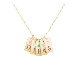 Small Initial 5 Tag Necklace with Birthstone in 9K Solid Yellow Gold with Pink Tourmaline, Cubic Zirconia, and Emerald