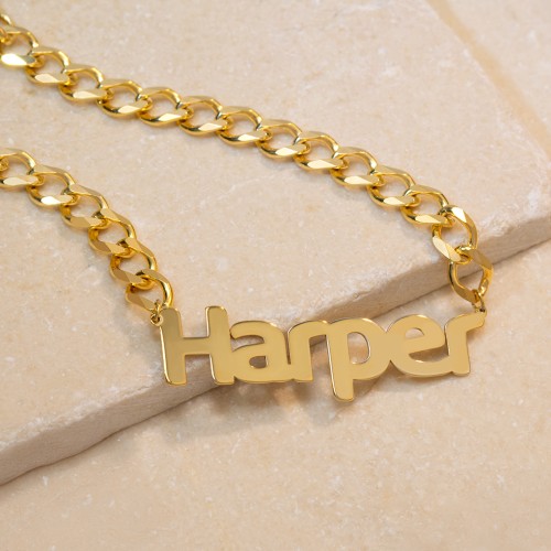 Personalised Name Necklace with Chunky Open Curb Chain – 18K Gold Plated Silver