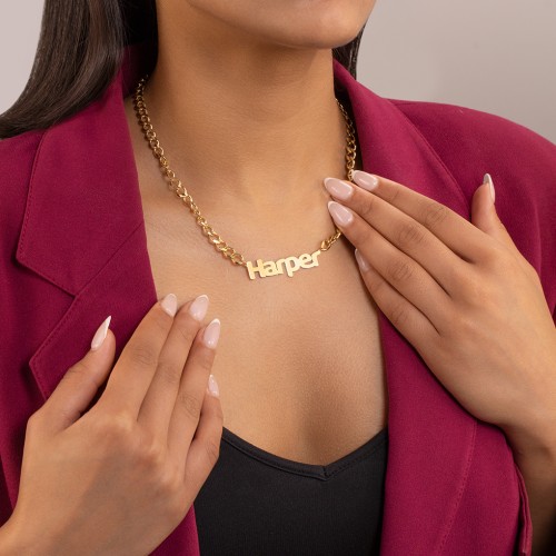 Personalised Name Necklace with Chunky Open Curb Chain – 18K Gold Plated Silver