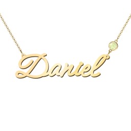 Script Name Necklace with Birthstone in 18K Gold Plated Silver with Peridot