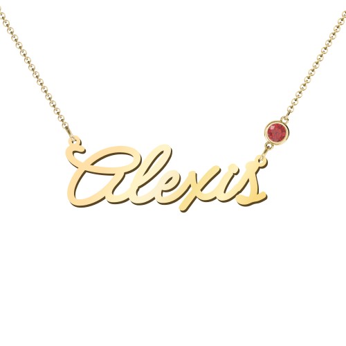 Script Name Necklace with Birthstone – 18K Gold Plated Silver with Garnet