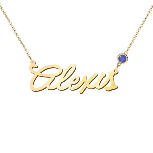 Script Name Necklace with Birthstone – 18K Gold Plated Silver with Blue Sapphire