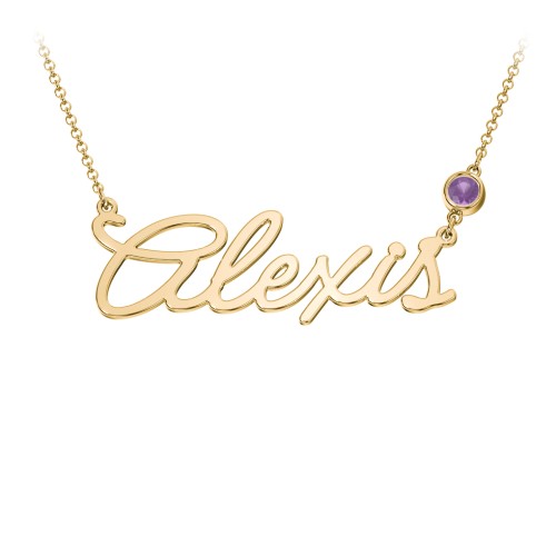 Script Name Necklace with Birthstone – 18K Gold Plated Silver with Amethyst