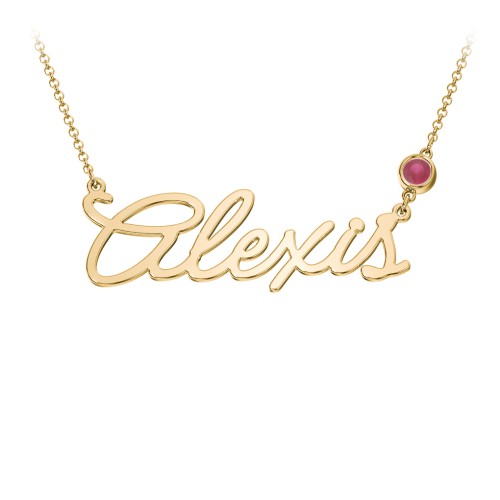 Script Name Necklace with Birthstone – 18K Gold Plated Silver with Ruby