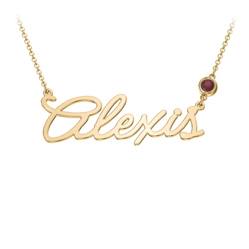 Script Name Necklace with Birthstone – 18K Gold Plated Silver with Garnet