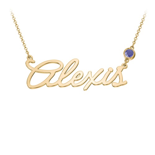 Script Name Necklace with Birthstone – 18K Gold Plated Silver with Blue Sapphire