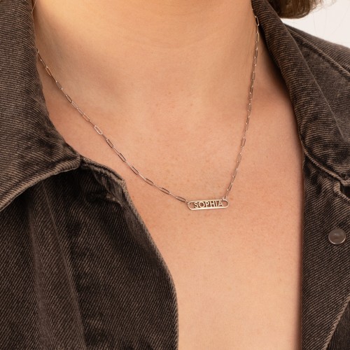 Framed Name Necklace with Mini Paperclip Chain – Sterling Silver