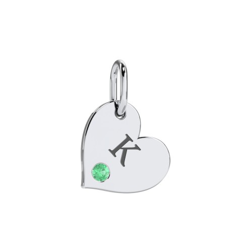 Engravable Sideways Heart Charm – Sterling Silver with Emerald