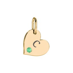 Engravable Sideways Heart Charm in 9K Solid Yellow Gold with Emerald