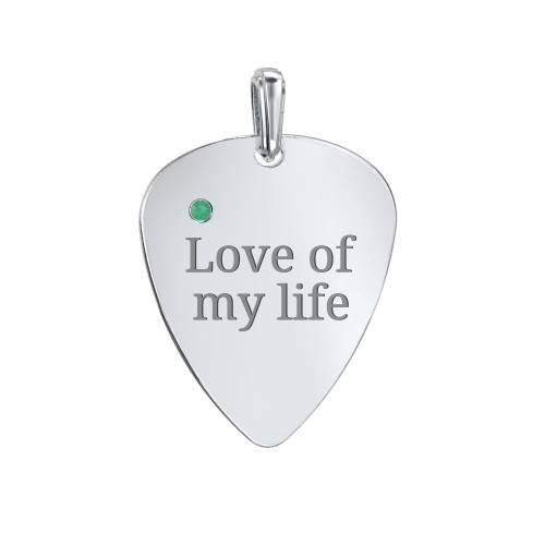 Engravable Guitar Pick Pendant with Gemstone – Sterling Silver with Emerald