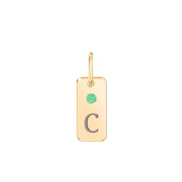 Initial Tag Charm with Birthstone in 9K Solid Yellow Gold with Emerald