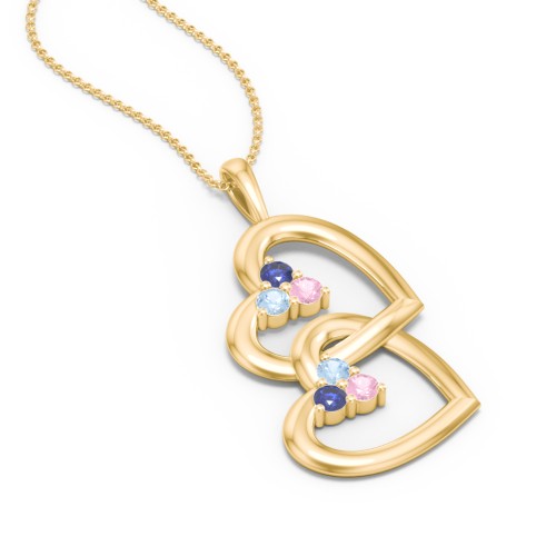 Unity Interlocking Hearts Birthstone Pendant – 9kt Yellow Gold with Blue Sapphire, Blue Topaz, and Pink Tourmaline