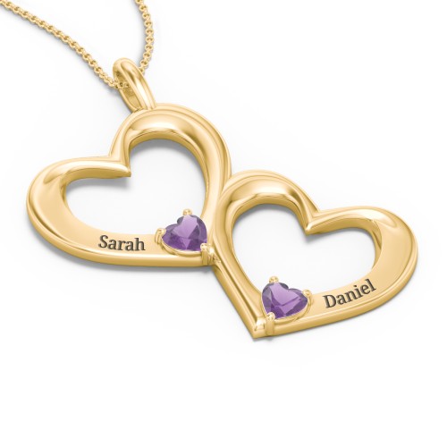Fusion Hanging Hearts Pendant – 18K Gold Plated Silver with Amethyst