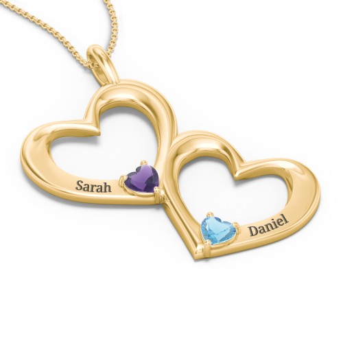 Fusion Hanging Hearts Pendant – 18K Gold Plated Silver with Amethyst and Blue Topaz